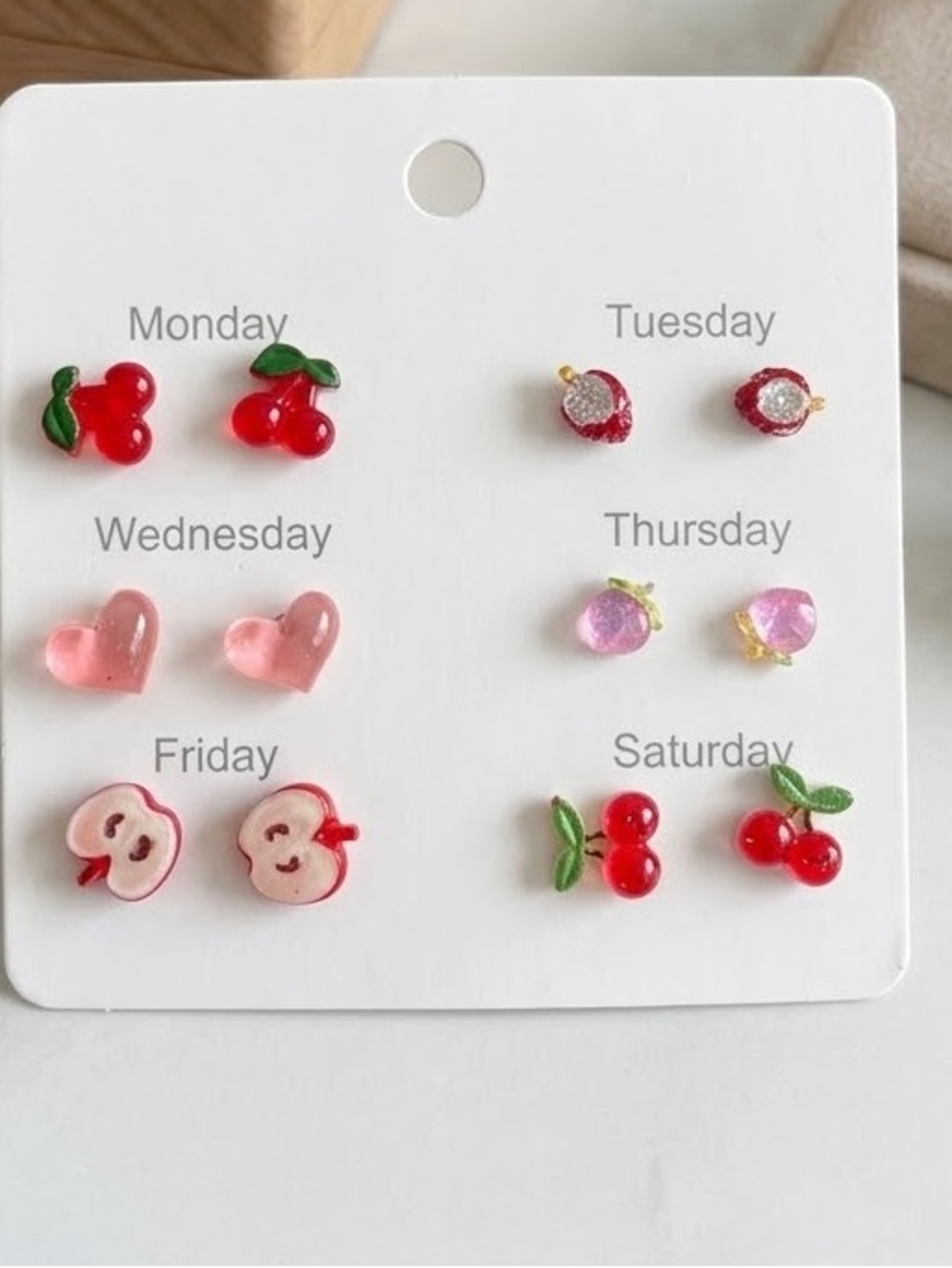 NWT 7-Pair Cherry & Heart Stud Earring Set - Pink & Red